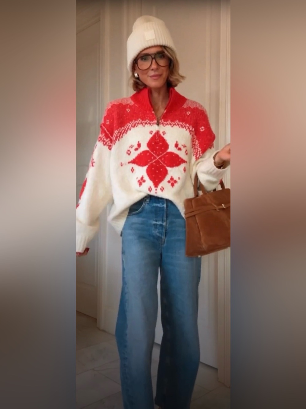 Free People Cream & Red Fair Isle Zip-Front Sweater - Picture 1 of 4